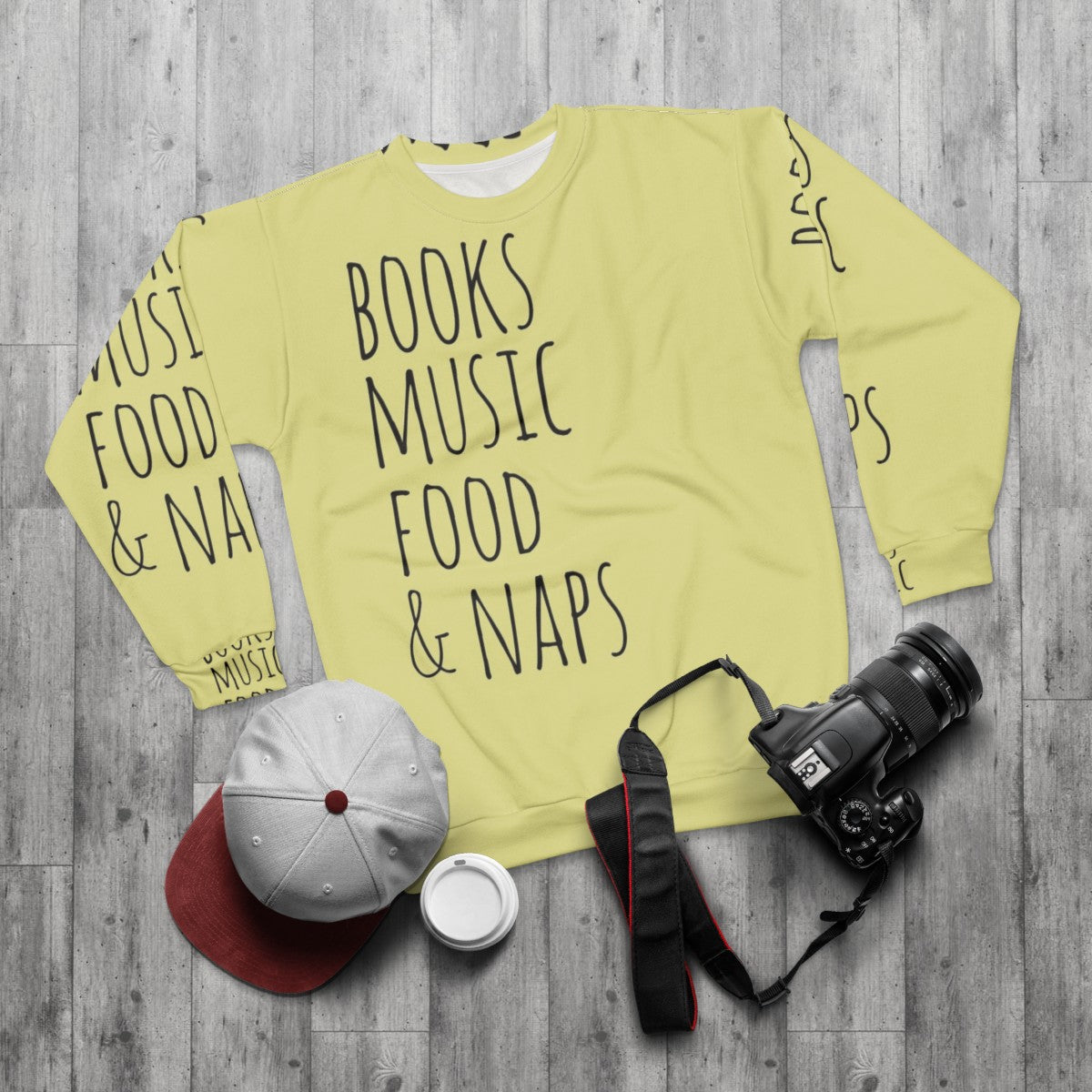 Books, Music, Food & Naps Sweatshirt - Nerdy Hobbies and Fandom - flat lay