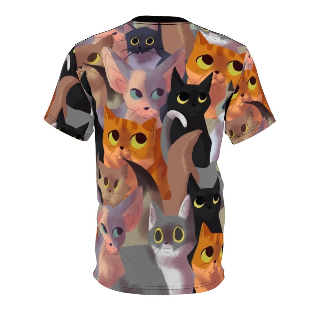 Stylish all-over print t-shirt featuring a vibrant, whimsical cat pattern design - Back