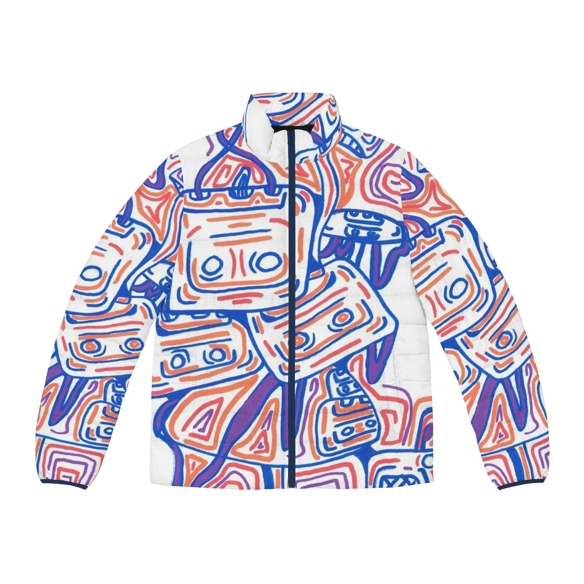 Sikes Tapes Puffer Jacket featuring a graphic design of purple and orange cassette tapes and graffiti-inspired elements