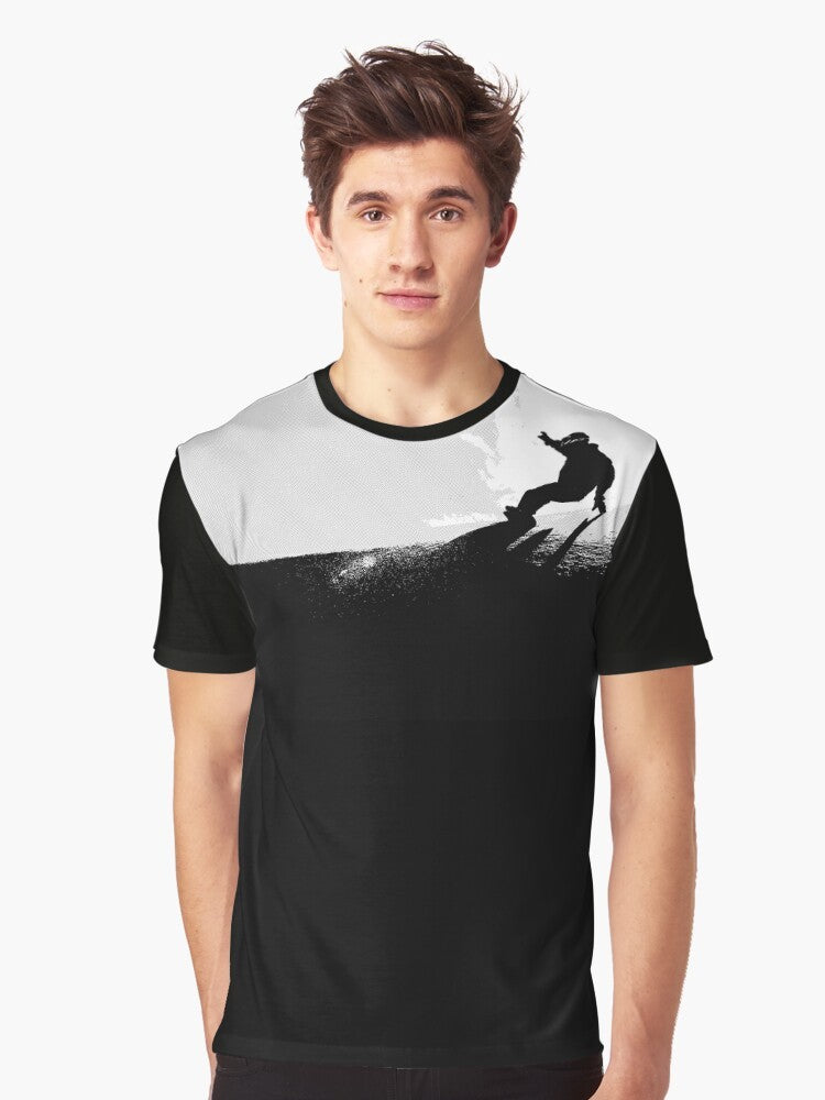 Snowboarding downhill graphic t-shirt featuring mountain and snow imagery - Men