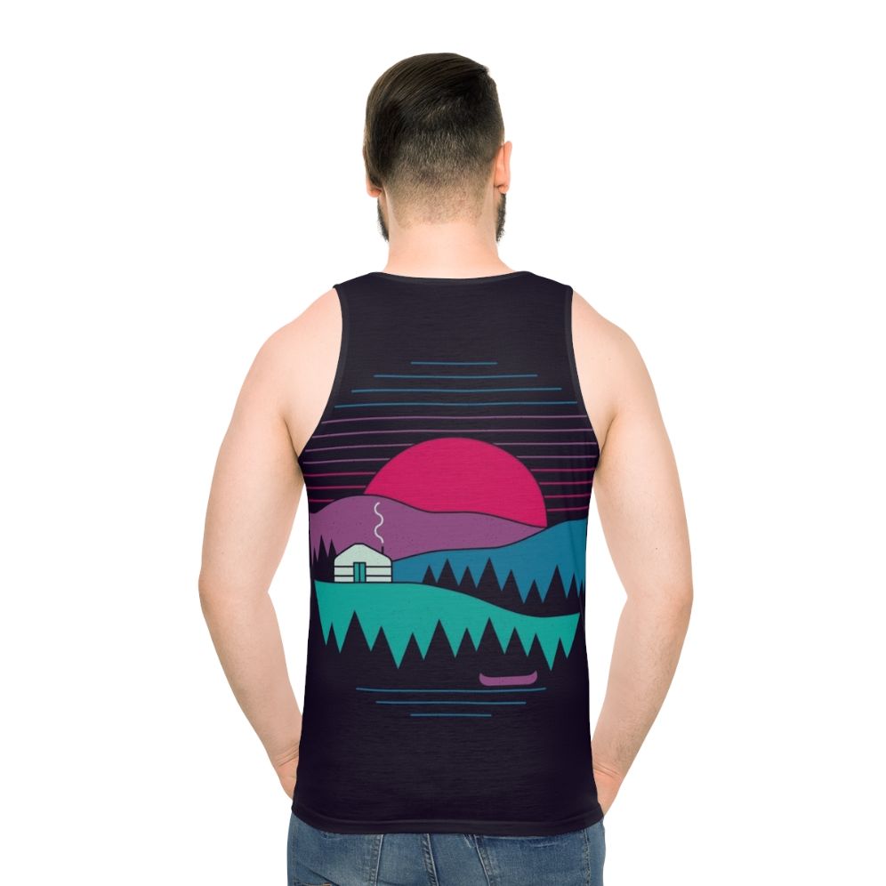 Unisex tank top with minimalist nature landscape design - men back