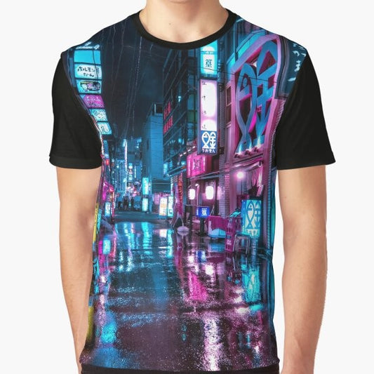 Neon-lit alleyways and skyscrapers in the Shimbashi district of Tokyo at night, a futuristic and moody graphic t-shirt design.