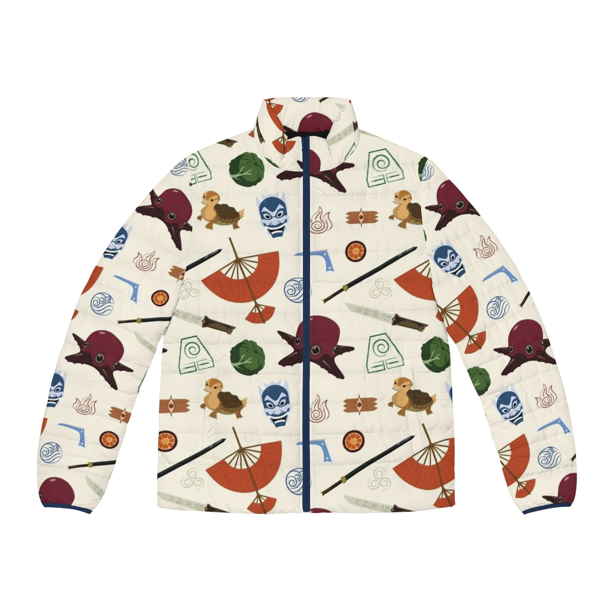 Colorful puffer jacket featuring patterns and characters from the anime series Avatar: The Last Airbender