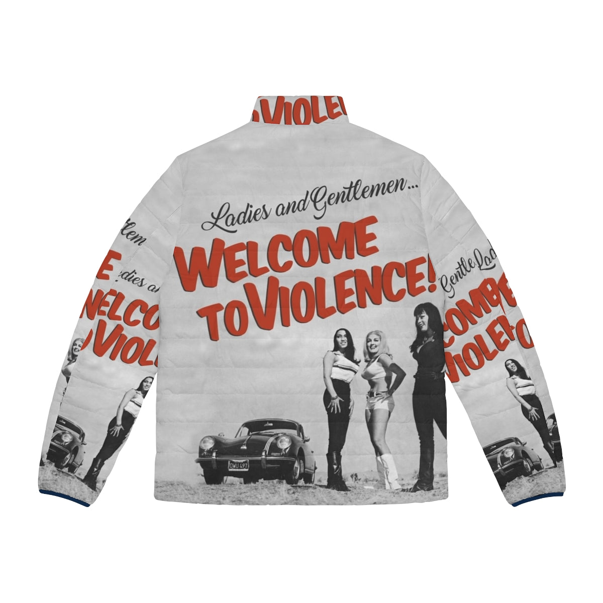 Vintage-inspired puffer jacket with "Violence" graphic, perfect for cult movie and fashion enthusiasts. - Back