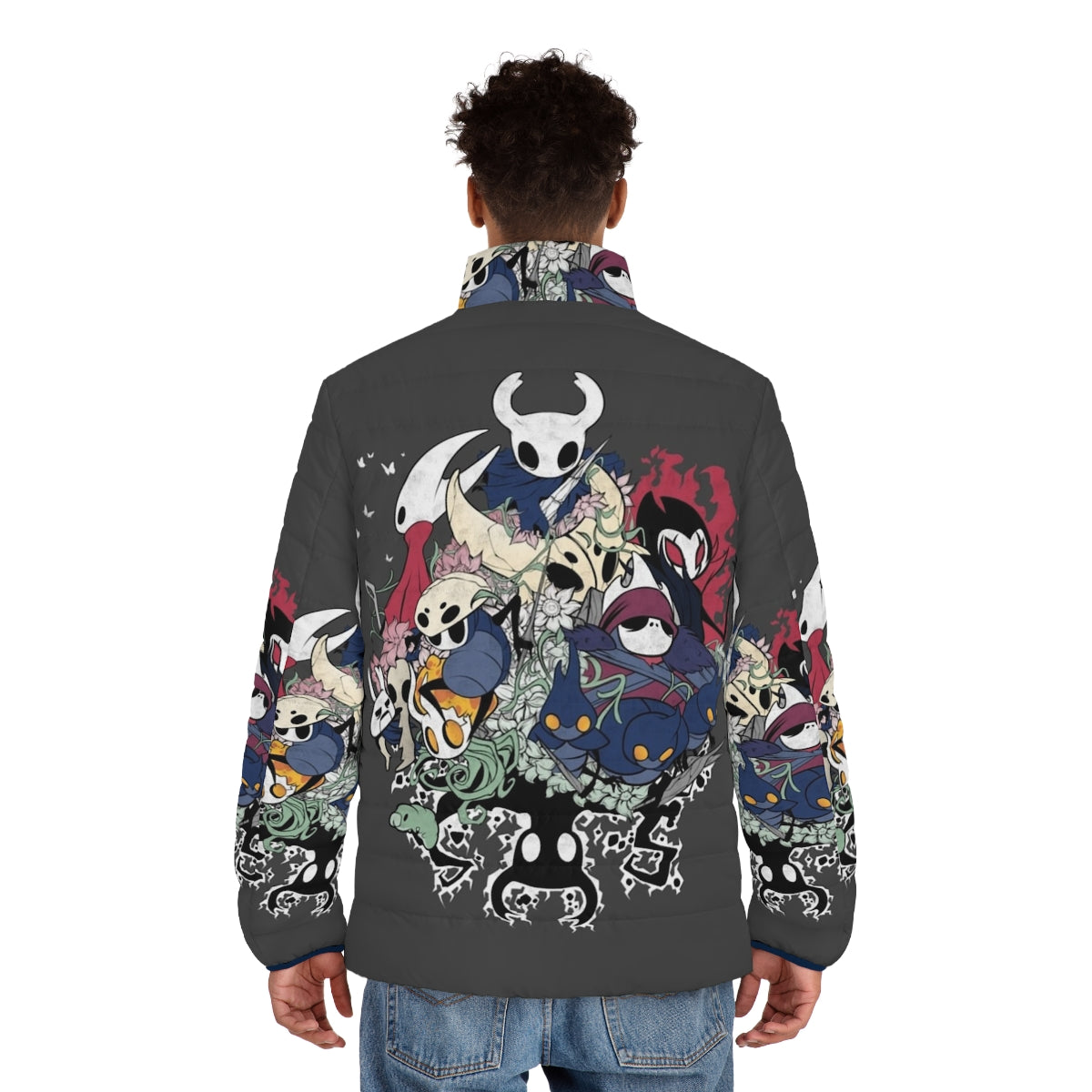 Hollow Knight Crew Neck Puffer Jacket with Hornet and Grimm Designs - men back