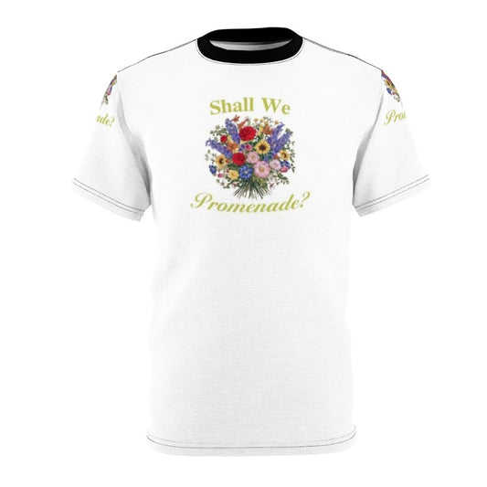 Elegant floral t-shirt with "Shall We Promenade" Bridgerton quote, inspired by the hit Netflix period drama.