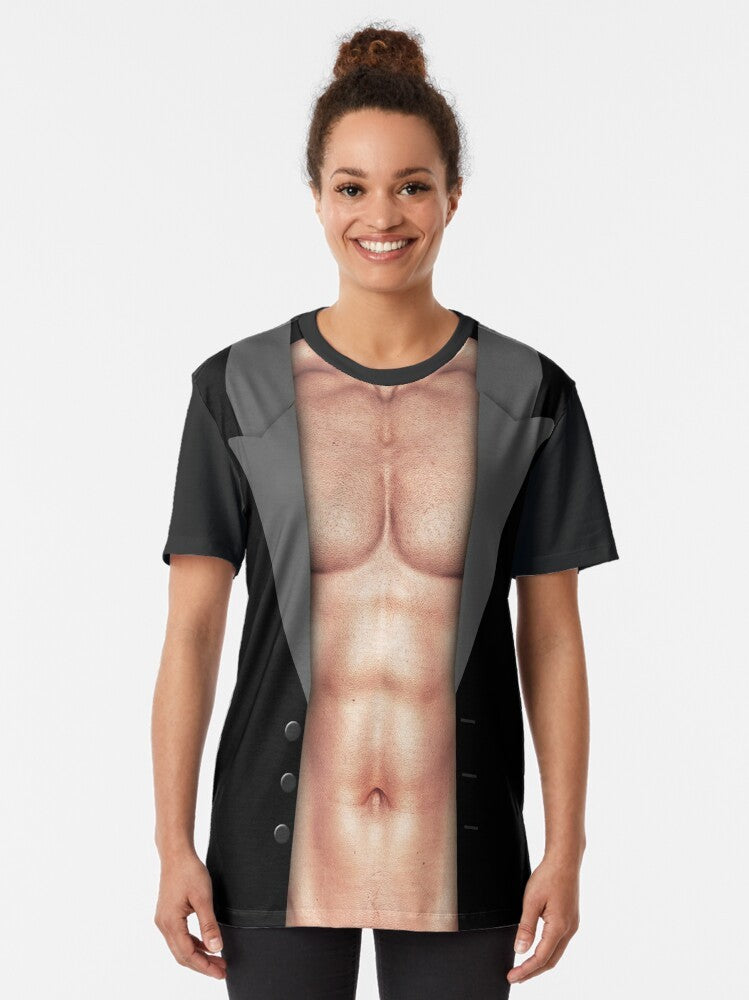 A funny and sexy graphic t-shirt featuring a muscular man - Women