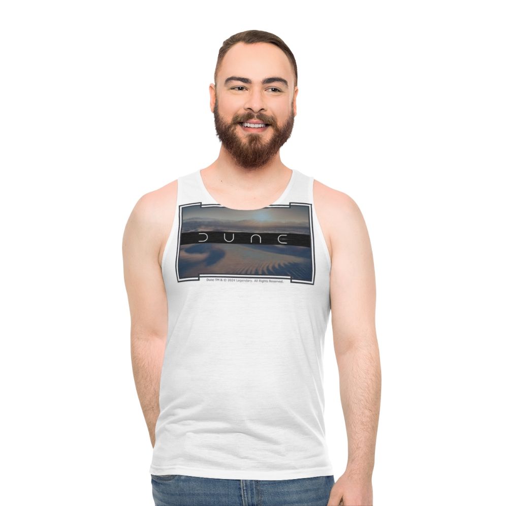 Dune-inspired unisex tank top with white background - men