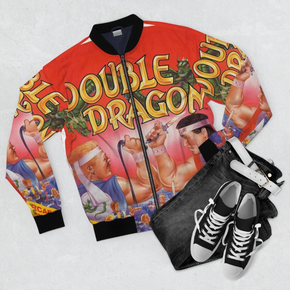 Retro Double Dragon bomber jacket featuring classic video game inspired design - Flat lay