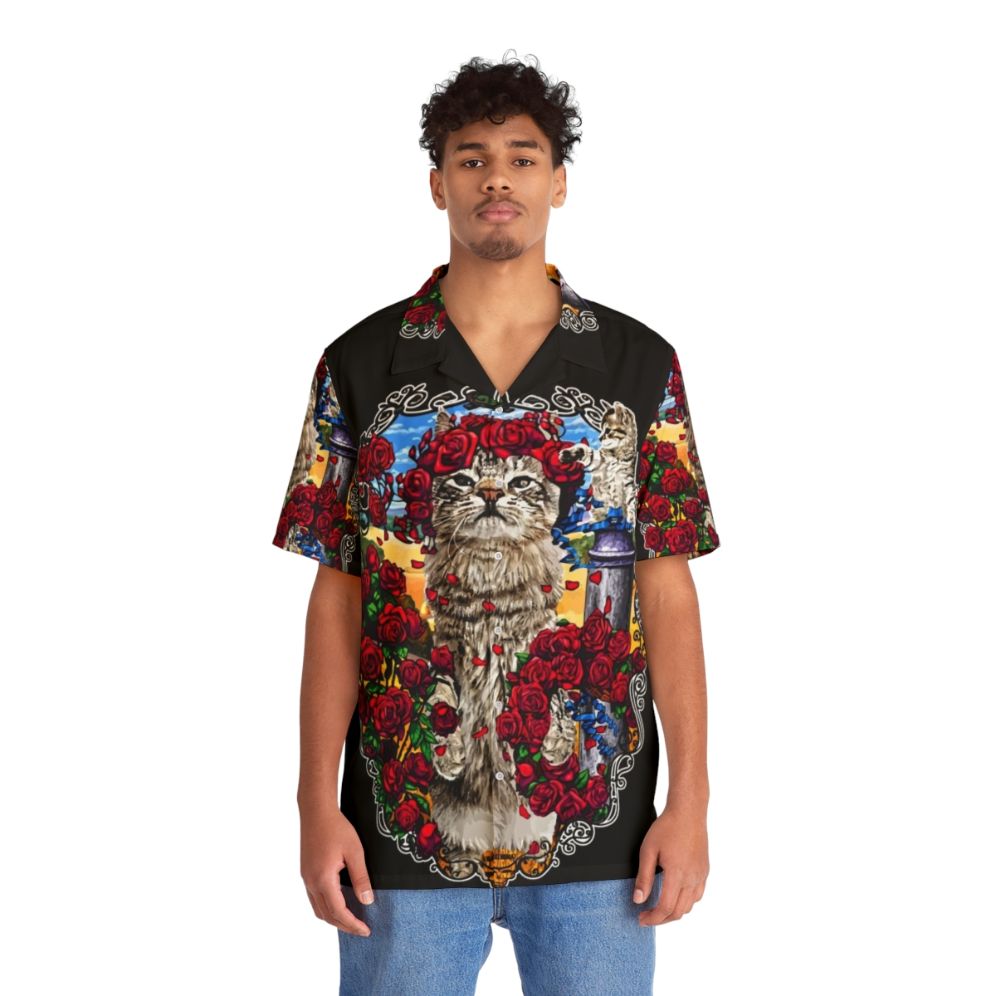 Grateful Cats and Roses Hawaiian Shirt with Skeleton Print - People Front