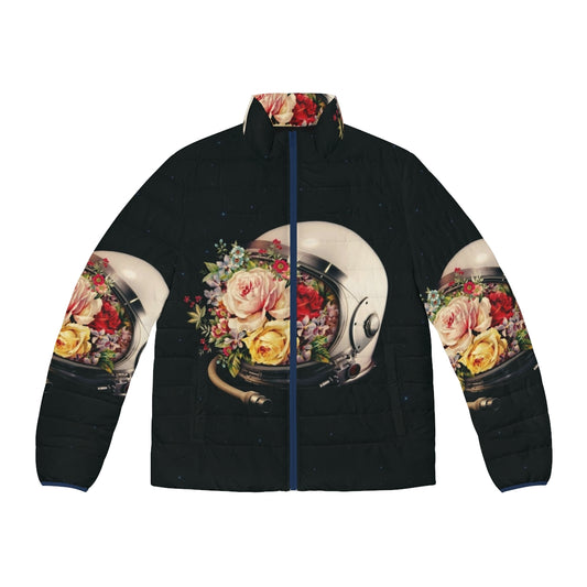 Puffer jacket featuring a collage of an astronaut, space, stars, and flowers