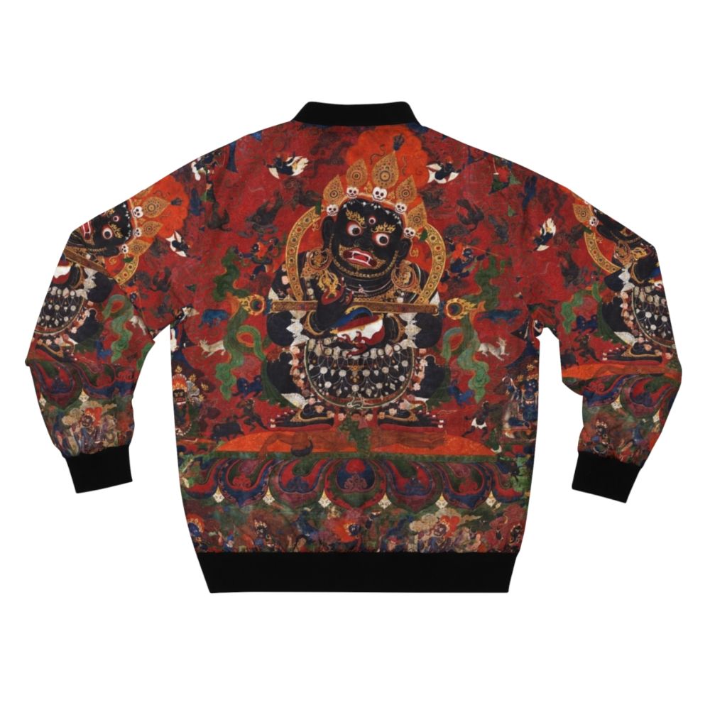 Mahakala, the Protector of the Tent, featured in a traditional Tibetan Buddhist artwork design on a bomber jacket. - Back