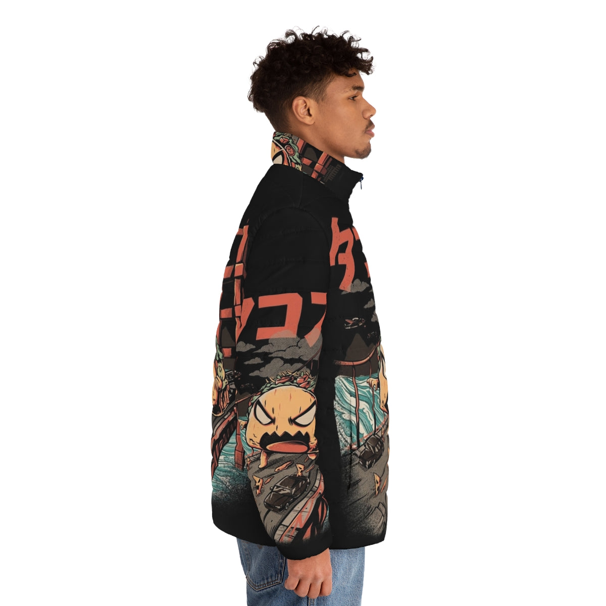 Black Takaiju puffer jacket with Japanese monster design - men side right