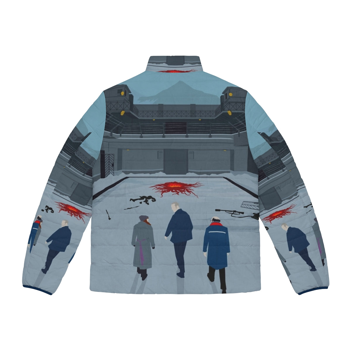 Stranger Things Fan Art Print Puffer Jacket with Eleven, Hopper, and Joyce - Back