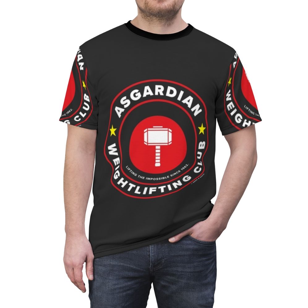 Marvel-inspired Asgardian Weightlifting Club t-shirt design featuring Thor's hammer Mjolnir - men front