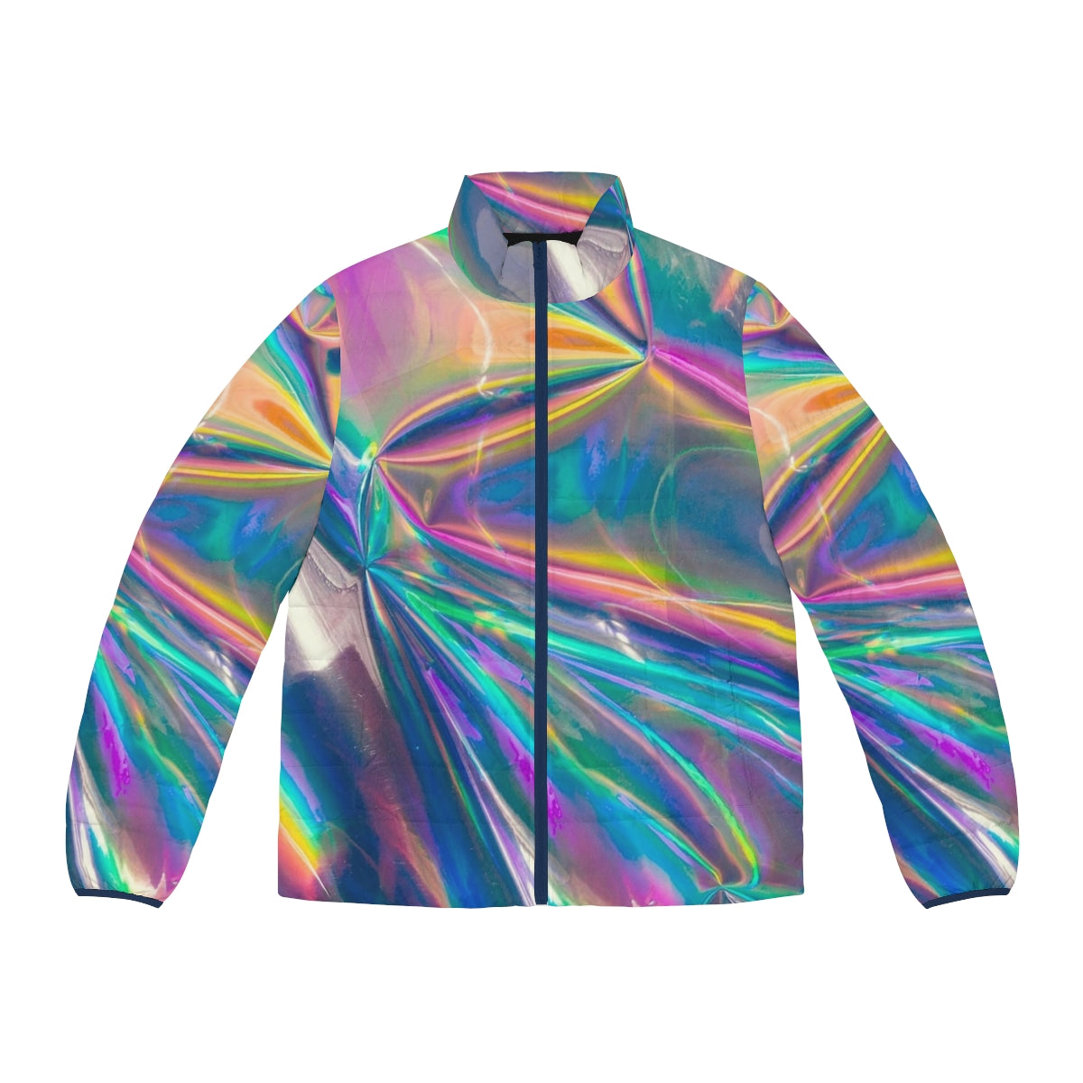 Holographic puffer jacket in vibrant rainbow colors