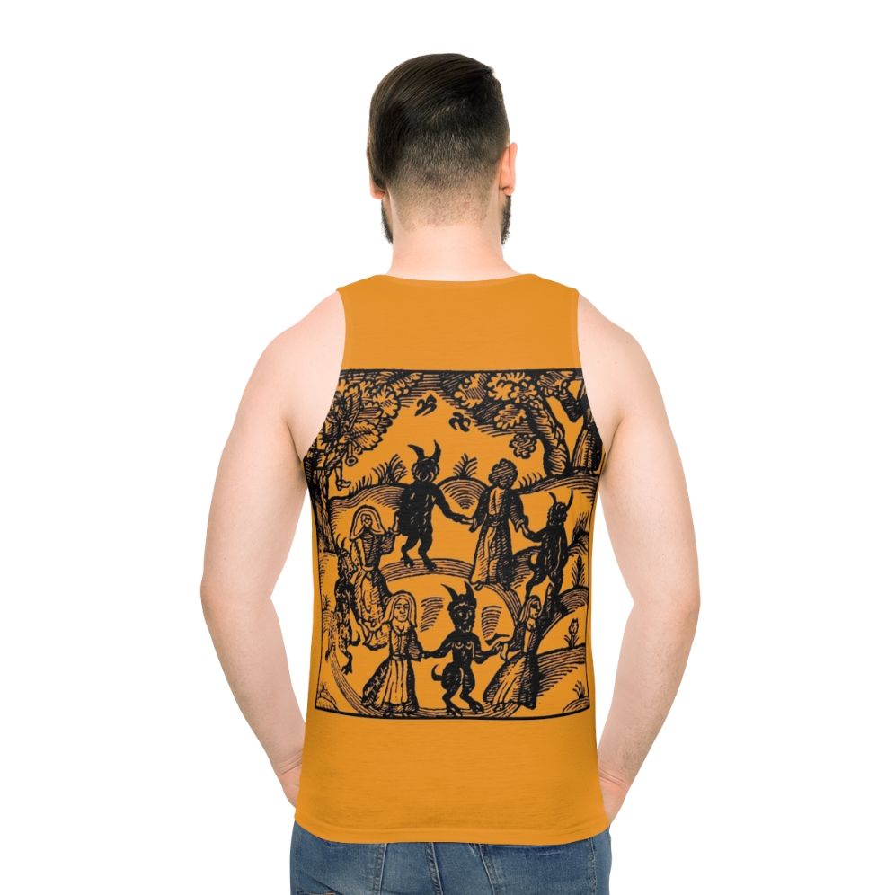 A unisex tank top with a gothic, occult-inspired skeleton dancing design - men back