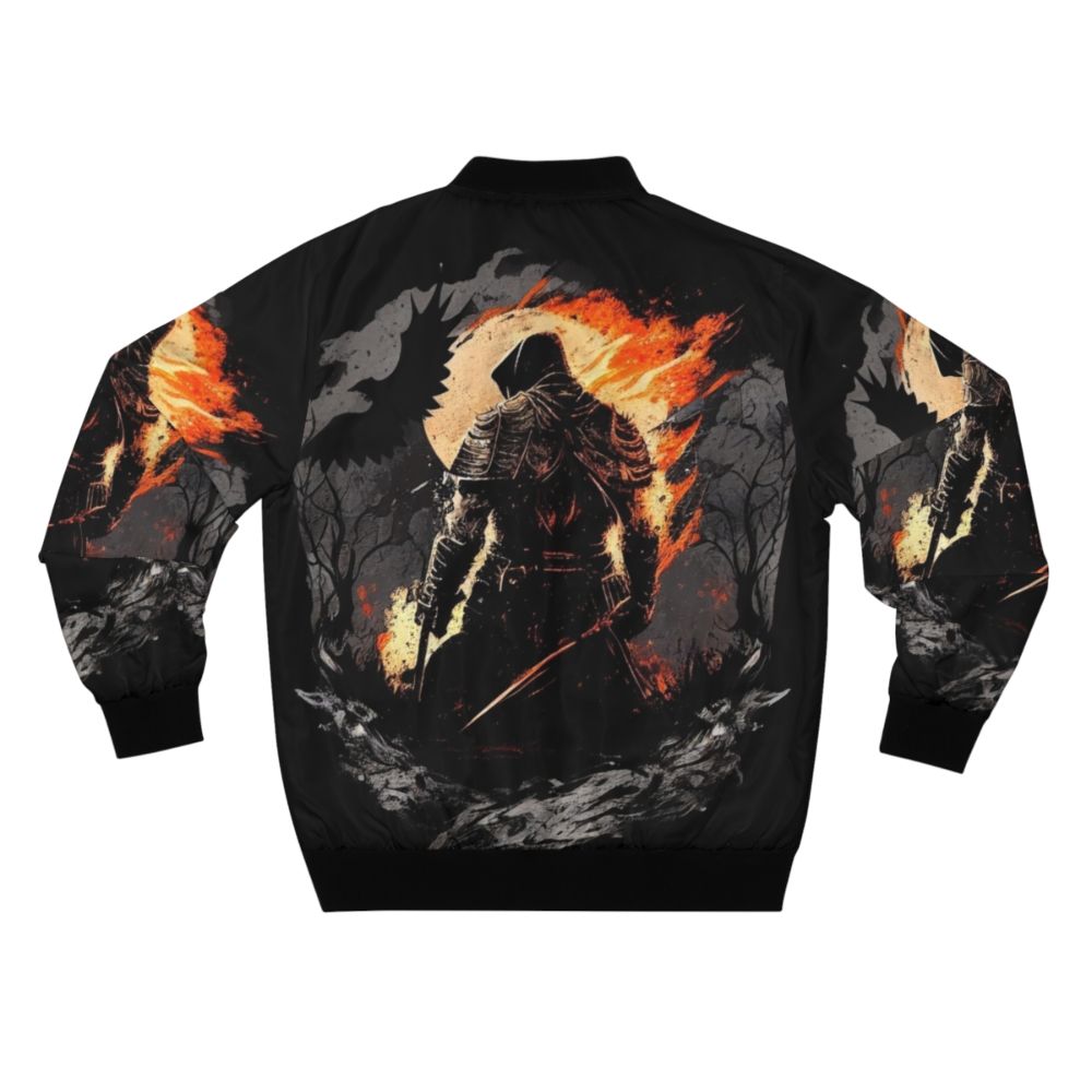 Dark Souls Melancholic Bomber Jacket, featuring a soulsborne-inspired design with a focus on the game's dark and somber atmosphere. - Back