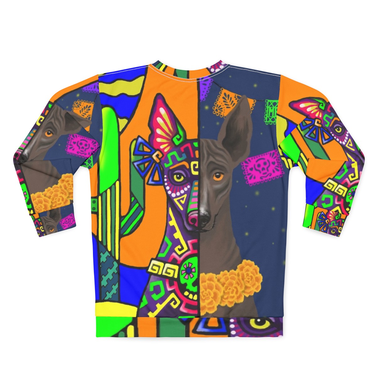 Prehispanic Xolo Sweatshirt featuring the Mexican Hairless Dog - Back