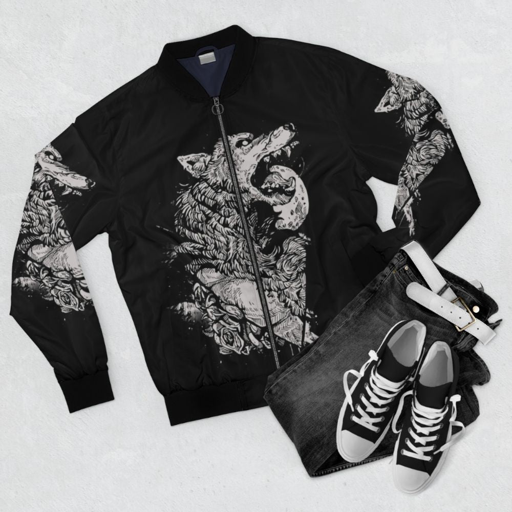 Werewolf bomber jacket with ink and tattoo design - Flat lay