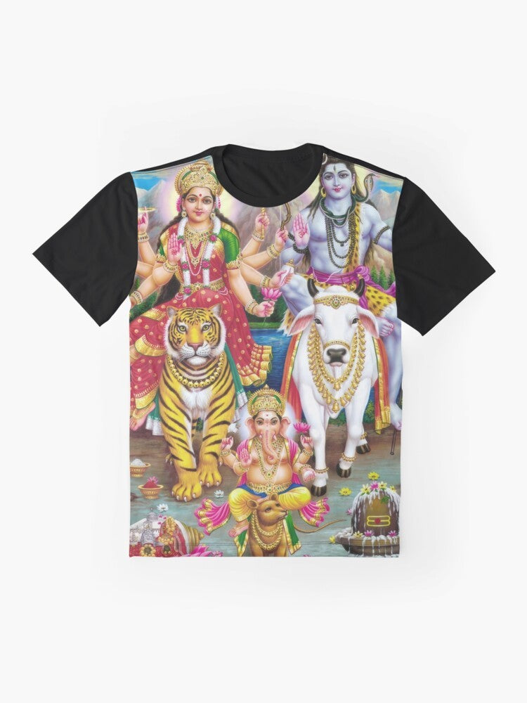 Hindu deities Shiva, Parvati, and Ganesha depicted in a colorful graphic design on a t-shirt - Flat lay