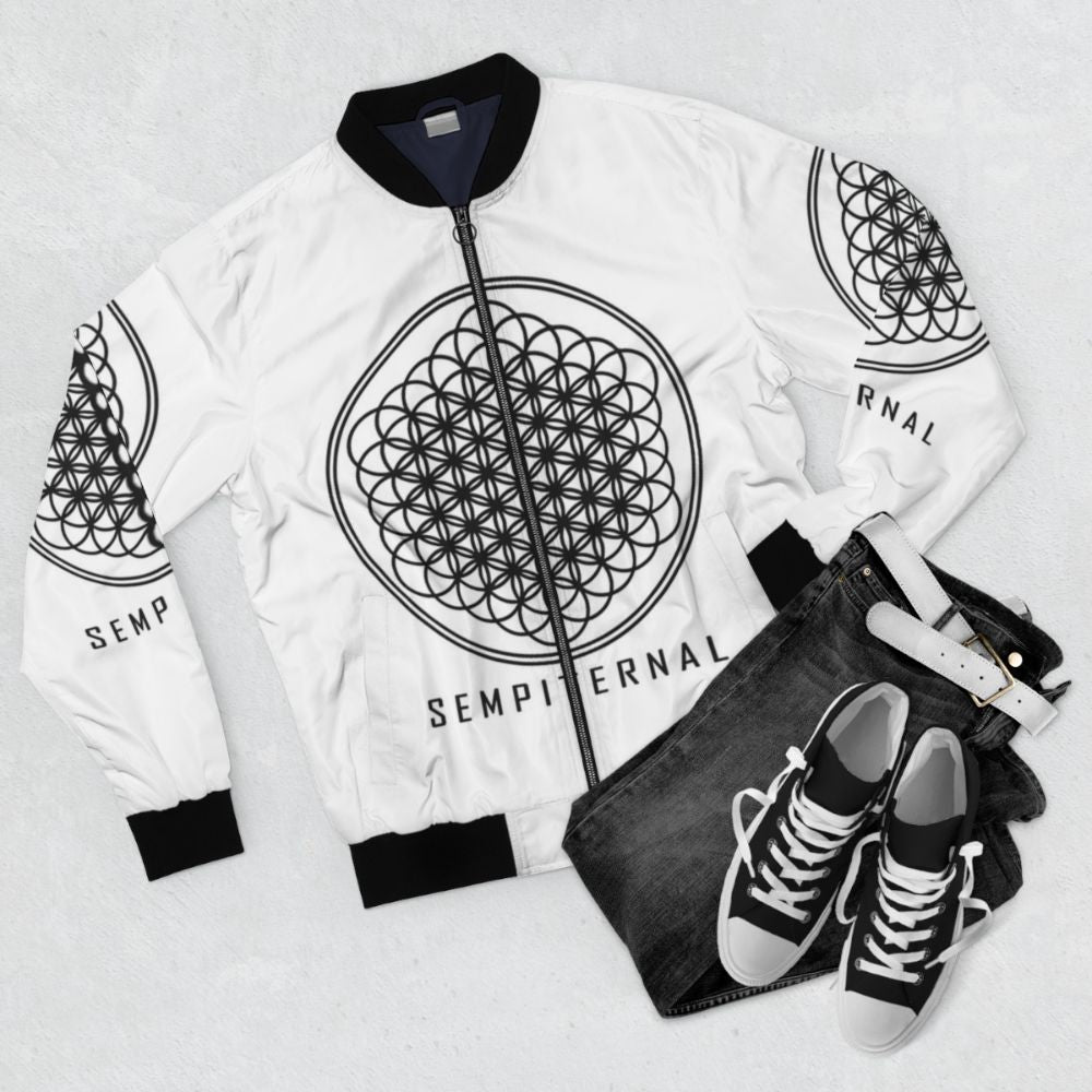 Bring Me The Horizon Vintage Black Bomber Jacket with Graphic Logo Design - Flat lay