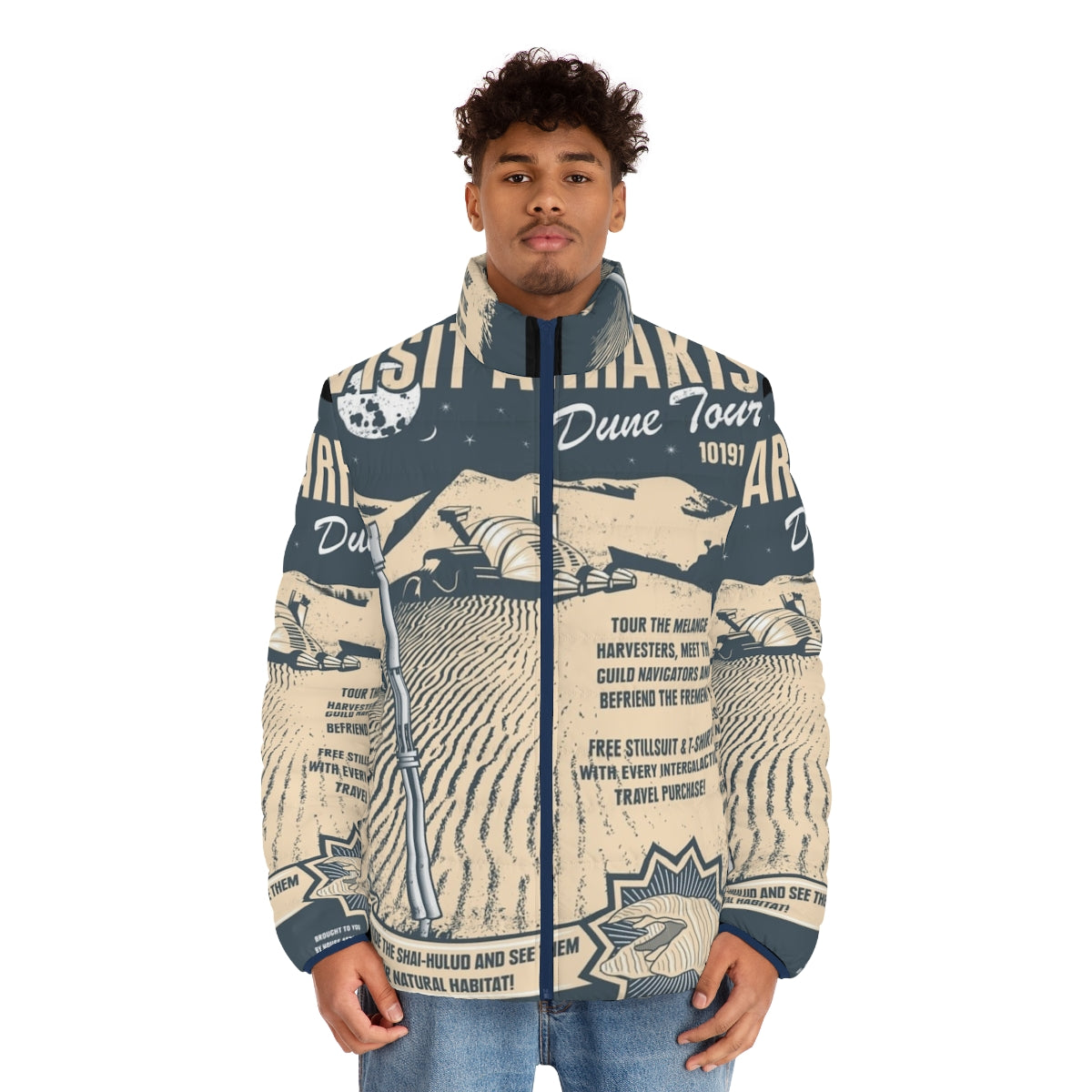 A stylish puffer jacket featuring the iconic desert landscape of Arrakis from the Dune science fiction series. - men front