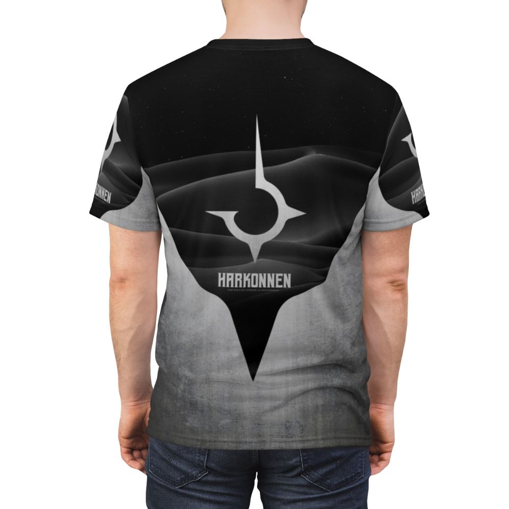 Dune Harkonnen Inspired Titanium AOP T-shirt with desert and sci-fi graphics - men back