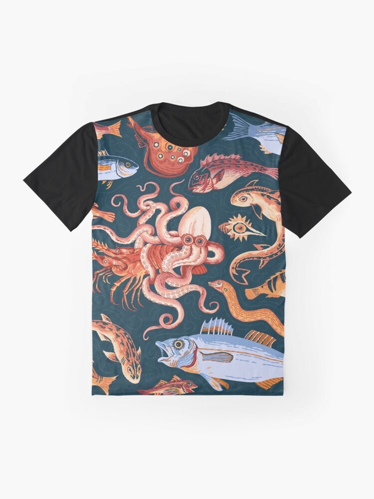 A graphic t-shirt featuring an illustration of an ancient Roman mosaic from Pompeii, depicting ocean life such as an octopus and fish. - Flat lay