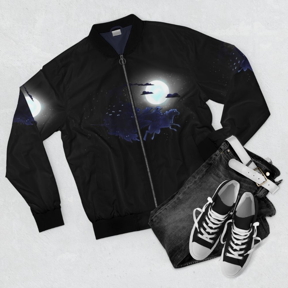 Odin's Hunt Bomber Jacket with Norse Mythology Graphics - Flat lay