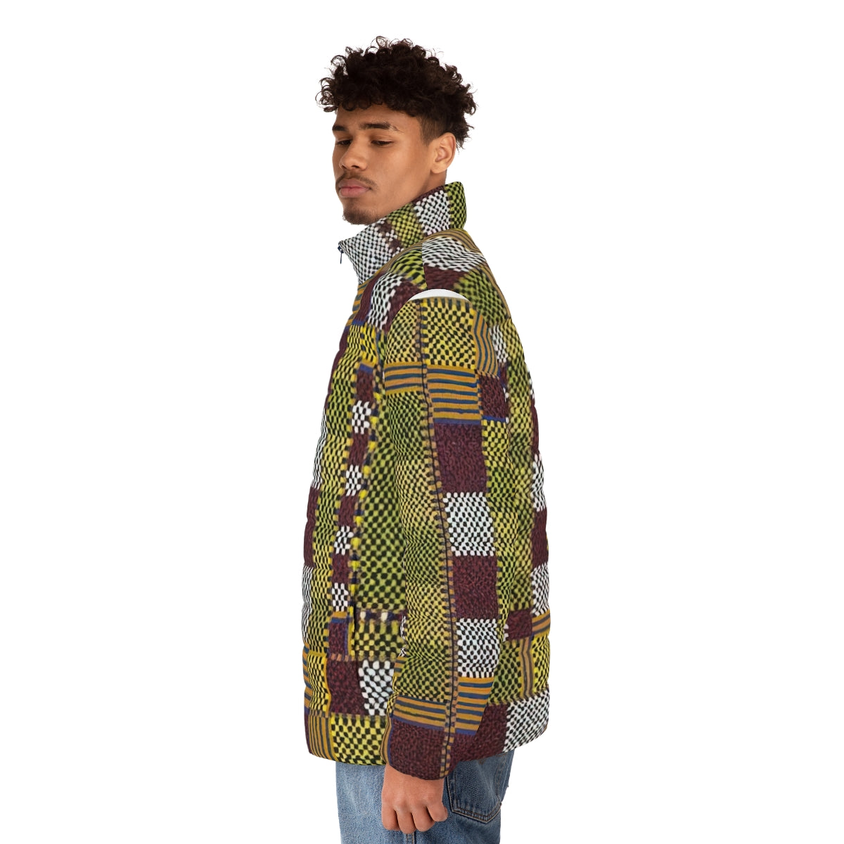 Puffer jacket with colorful geometric patterns inspired by the artwork of Alfred Jensen - men side left