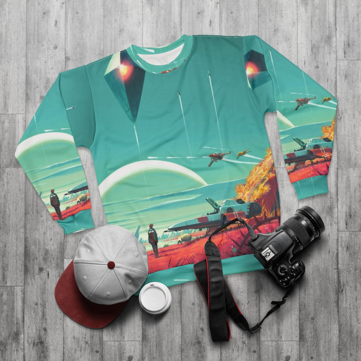 No Man's Sky Horizon Sweatshirt featuring space exploration and gaming graphics - flat lay