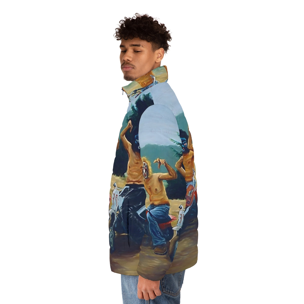 Puffer jacket featuring a painting from the iconic Wes Anderson film The Royal Tenenbaums - men side left