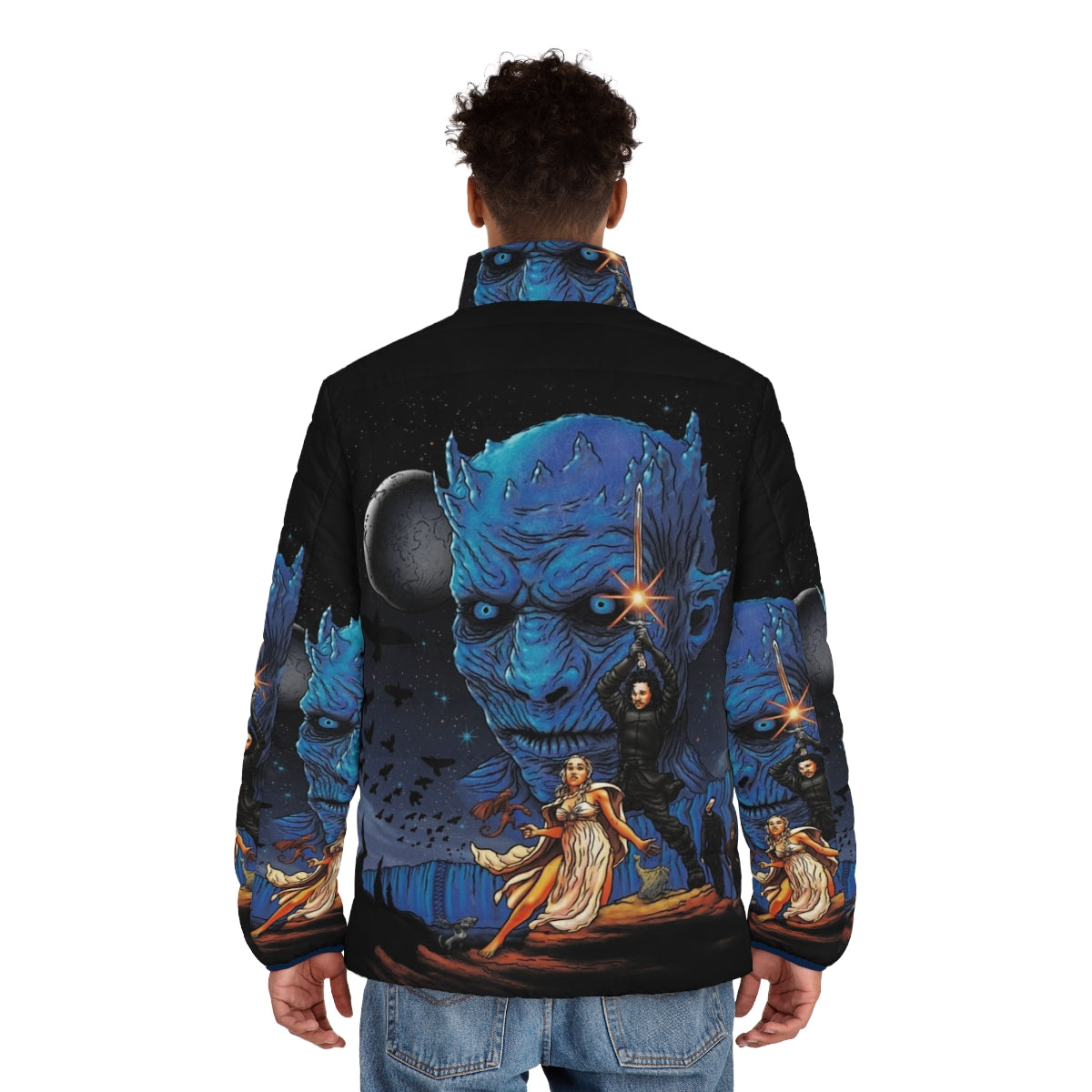 Throne Wars Puffer Jacket featuring a dragon, night king, and other Game of Thrones elements - men back