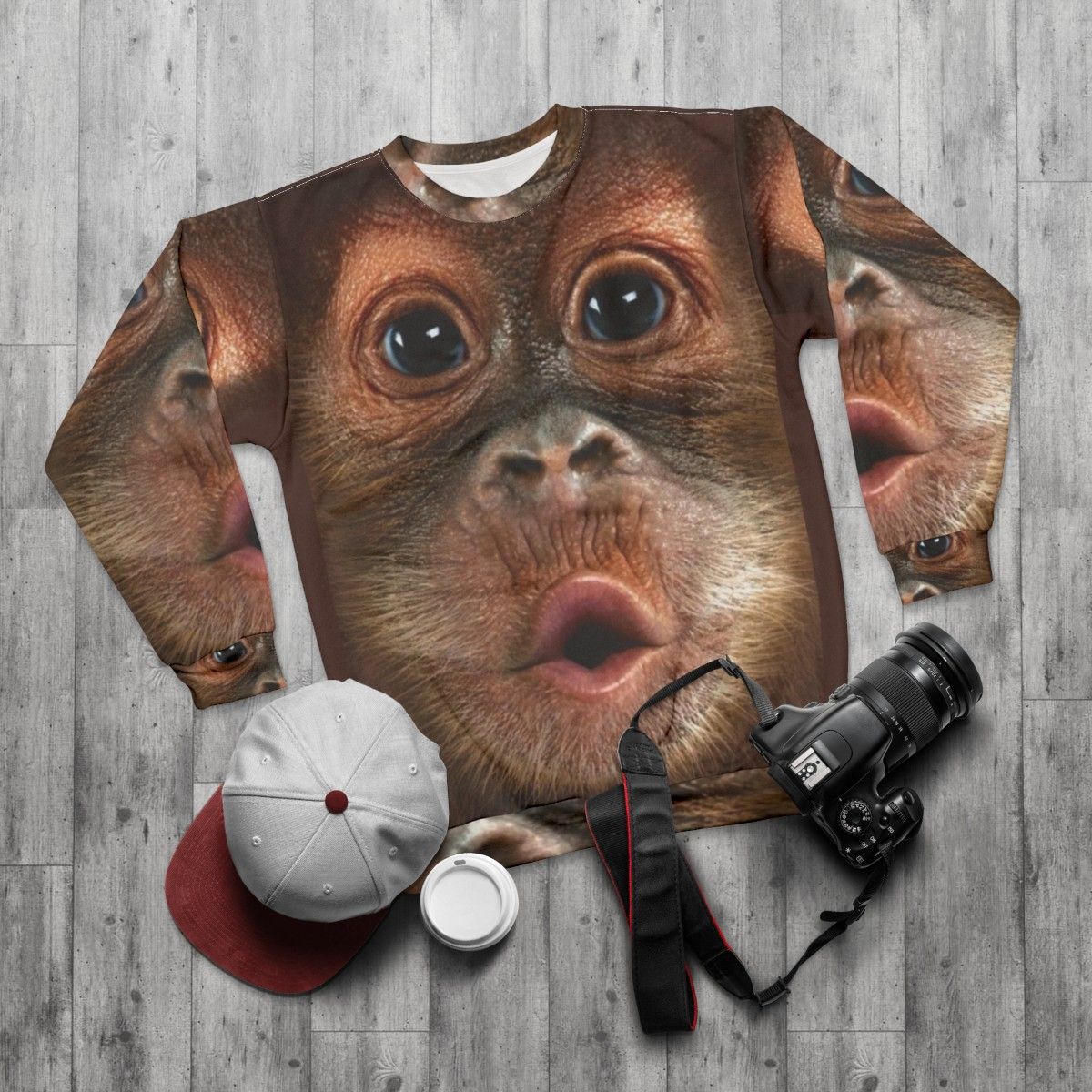 Hyper Realistic Baby Orangutan Monkey Sweatshirt - flat lay