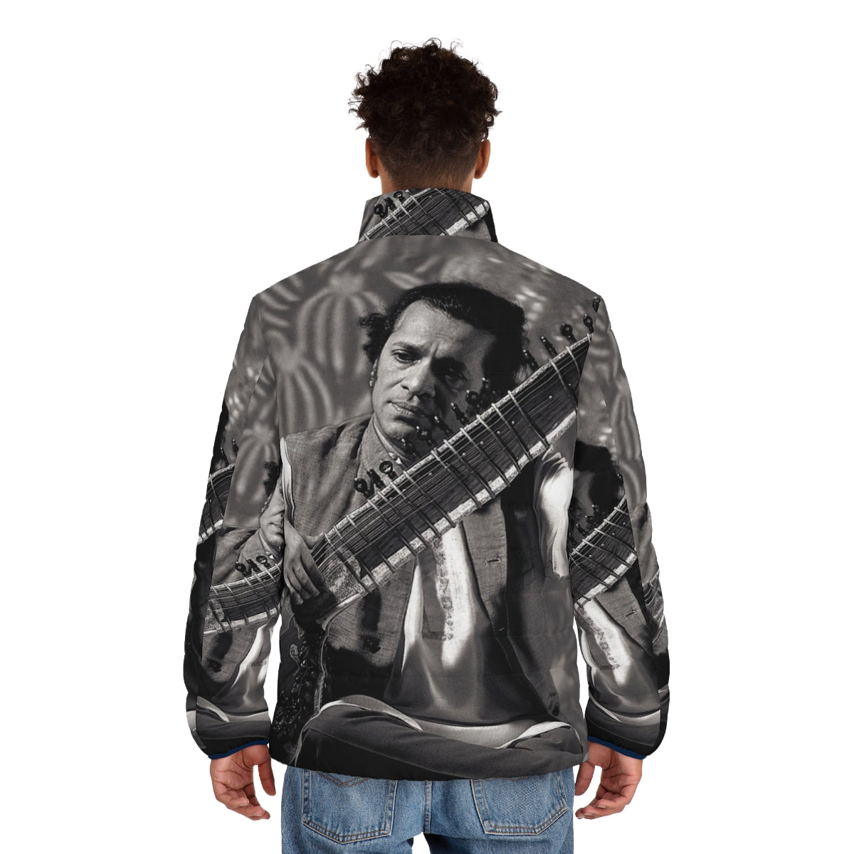 Ravi Shankar Inspired Indian Sitar Player Wearing Puffer Jacket - men back