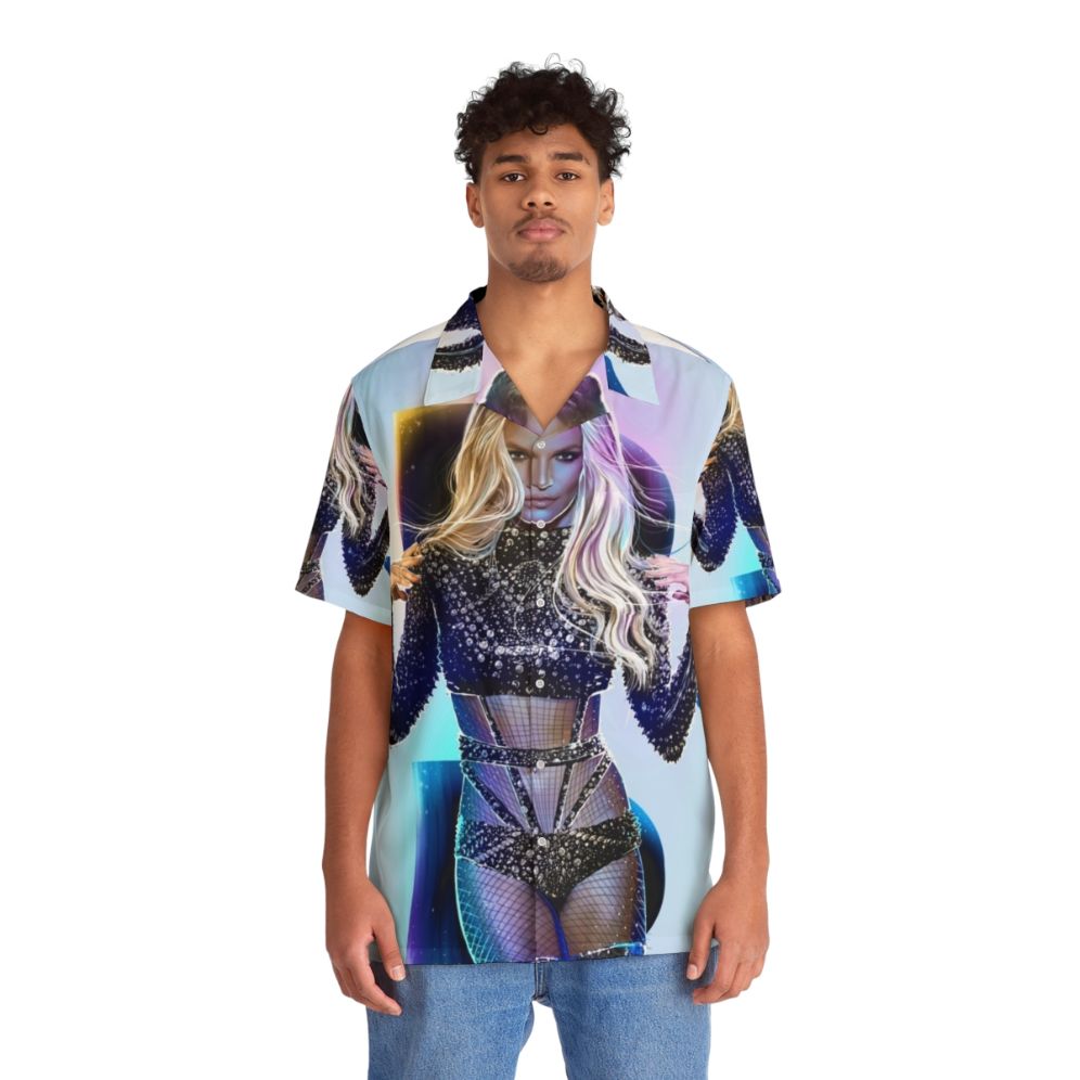 Model wearing a vibrant, music-themed Hawaiian shirt - People Front