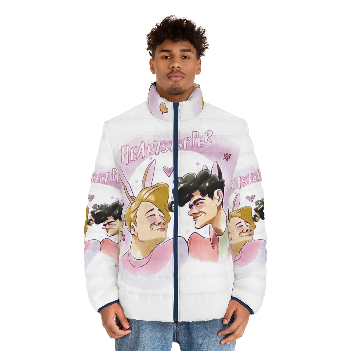 Heartstopper Netflix Puffer Jacket featuring characters from the show - men front