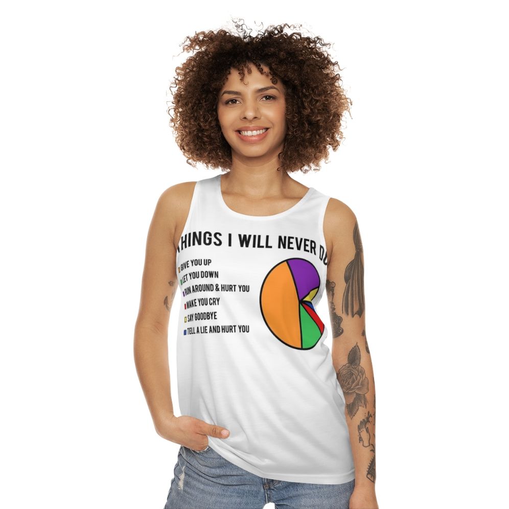 Unisex tank top featuring the "Never Gonna Give You Up" music joke - women