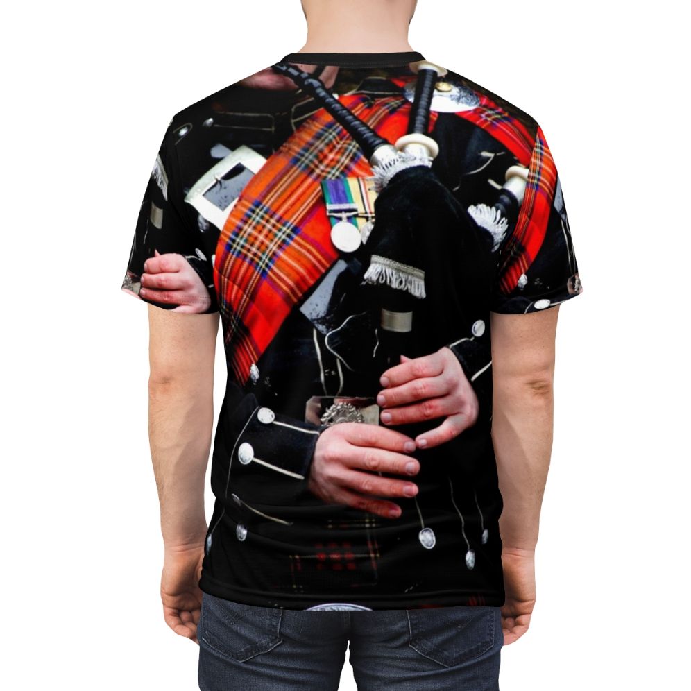 Bagpipe inspired Scottish tartan and kilt themed t-shirt - men back