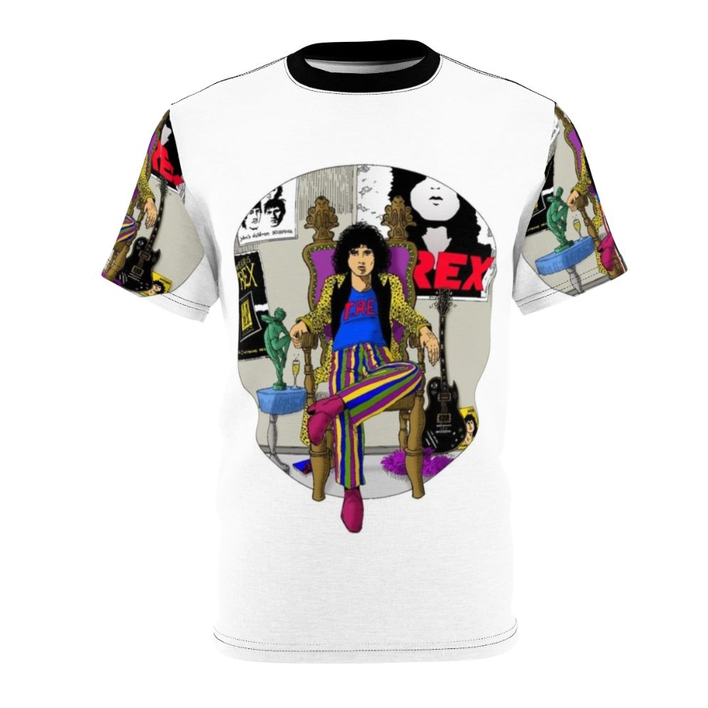 Vibrant AOP t-shirt featuring a vintage-inspired design inspired by the glam rock music of T.Rex and Marc Bolan