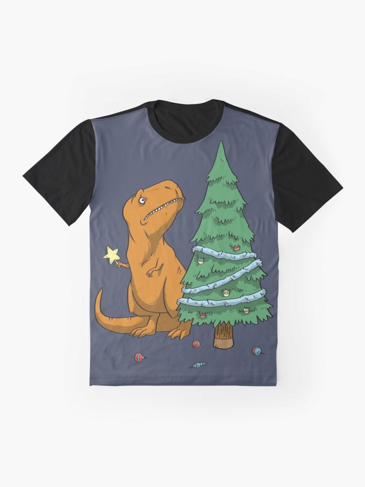 Illustration of a T-Rex dinosaur with tiny arms wearing a Christmas tree ornament on its head, surrounded by holiday decor. - Flat lay