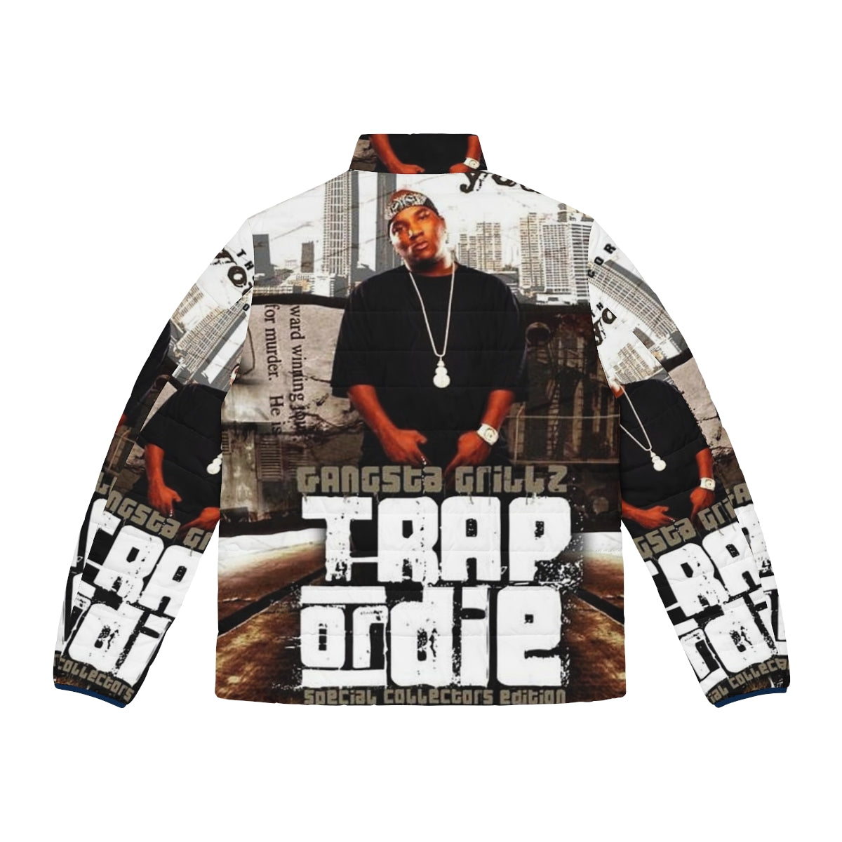 Trap music puffer jacket with vintage album cover design - Back