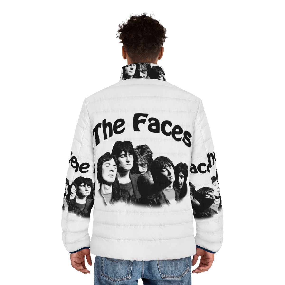 The Faces band members Ian Mclagan, Rod Stewart, and Ronnie Wood featured on a puffer jacket, hoodie, and sweetshirt - men back