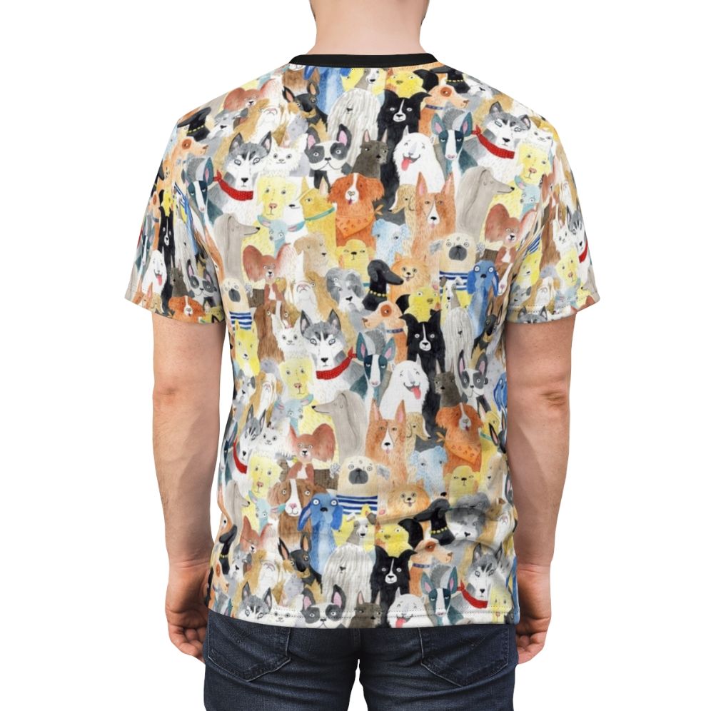 Watercolor illustration of a diverse pack of happy dogs on a t-shirt - men back