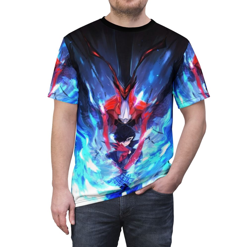 A high-quality t-shirt featuring a stylized graphic of the Persona 5 character Joker, with fiery and demonic elements. - men front