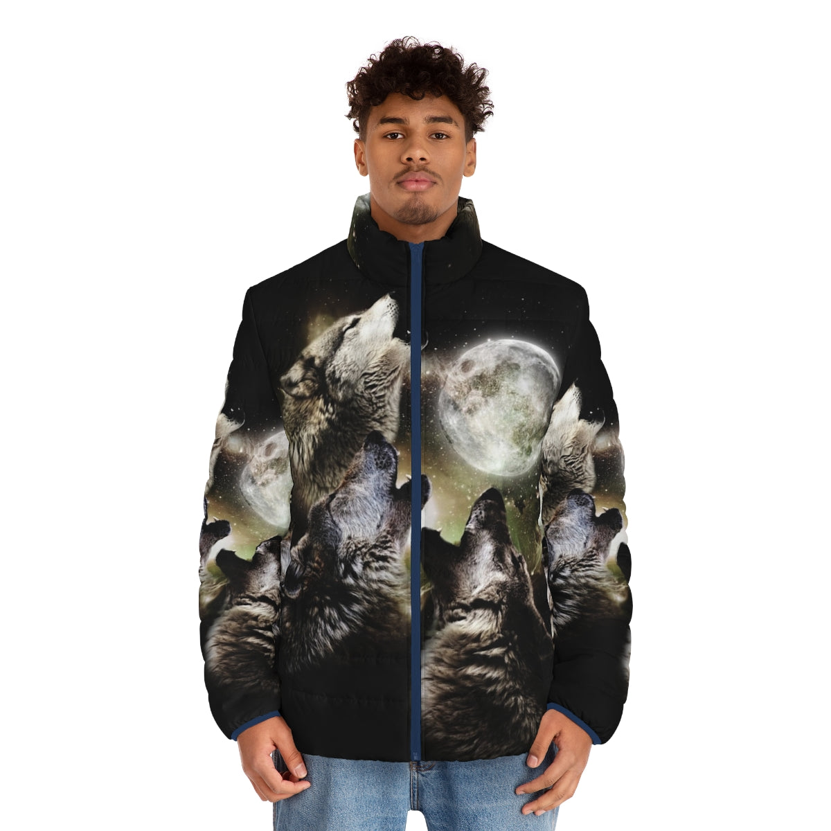 Three wolves howling at the full moon puffer jacket design - men front