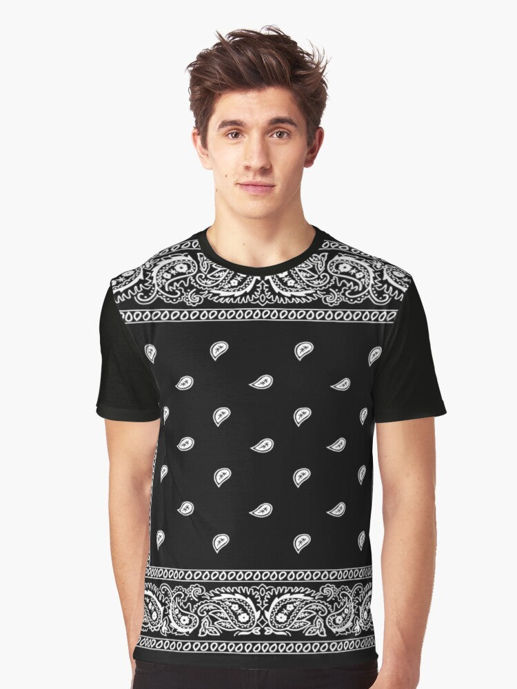 Black bandana graphic t-shirt with urban and western design elements - Men