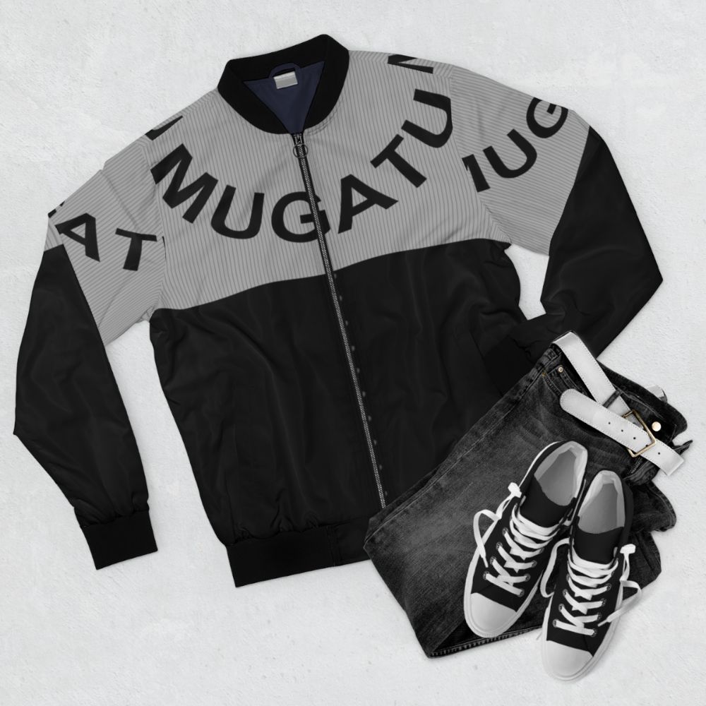 Mugatu inspired bomber jacket with "Can't turn left" design - Flat lay