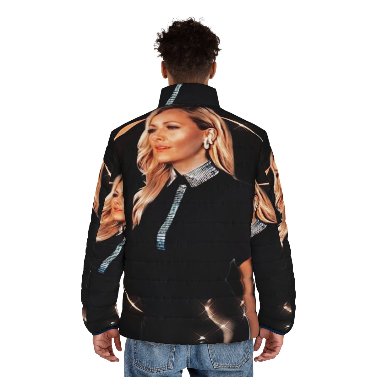 Helene Fischer wearing a stylish black puffer jacket with a futuristic, music-inspired aesthetic - men back